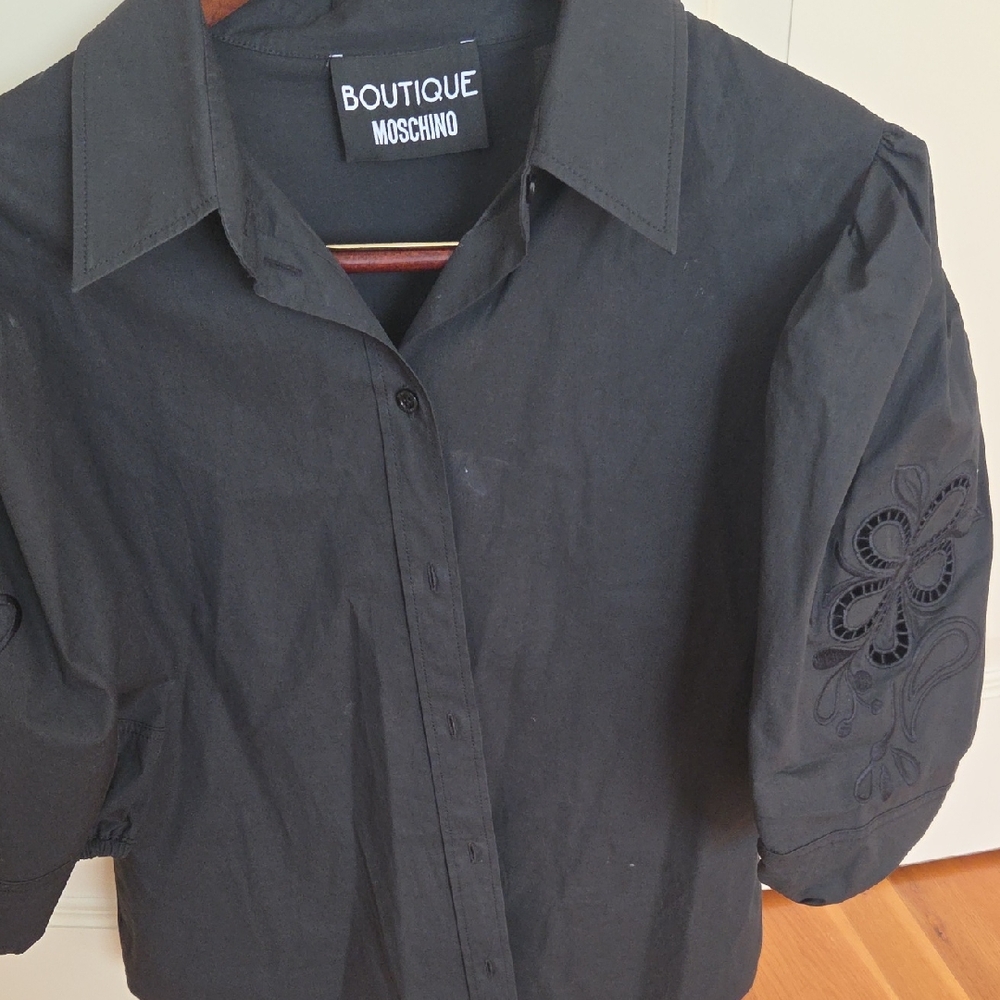 Moschino Black Blouse with Embroidered Sleeves. Matching Skirt. 2 Piece Outfit.